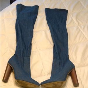 Denim thigh high boots